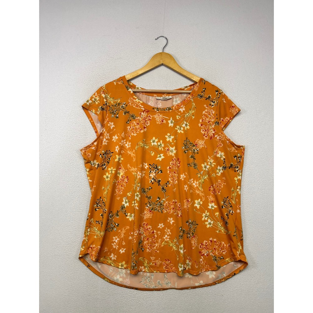 Floral Garden Aesthetic Emaline Woman Plus 1X Orange Cap Sleeve High Low Blouse
